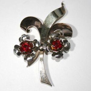 Harry Iskin Floral Brooch with Red Rhinestones